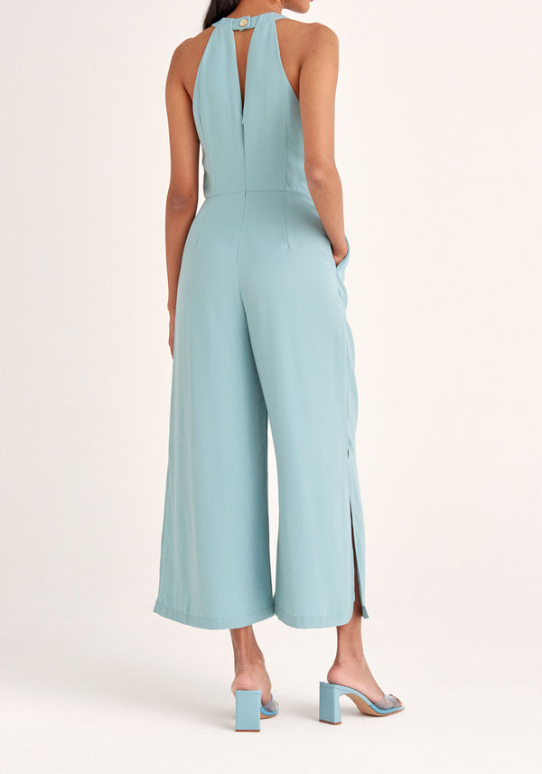 Paisie Detailed Waist Halterneck Jumpsuit in Teal Back